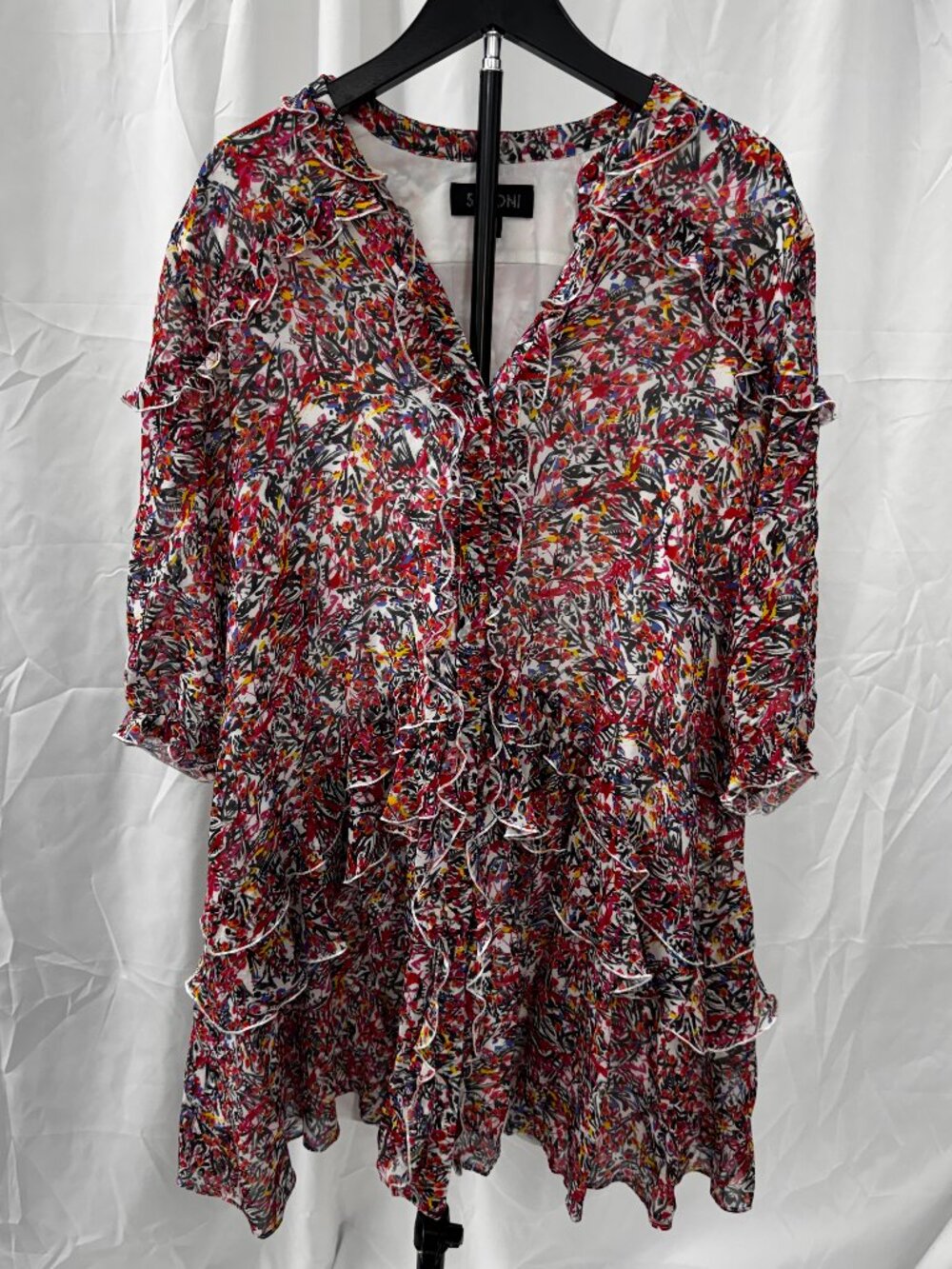SALONI Tilly Silk Ruffled Mini Dress Pink White Floral 100% Silk Sz 8 - Picture 2 of 16